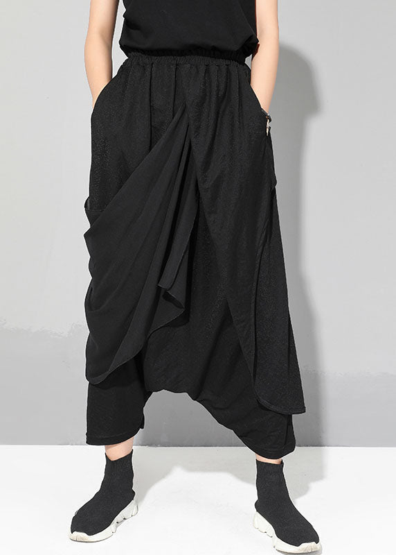 Black Chiffon Patchwork Asymmetrical Design Fall Pants