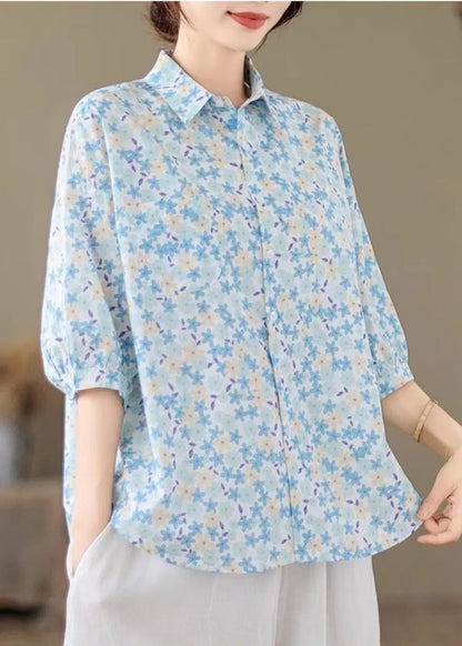 Classy Blue Oversized Print Cotton Blouse Tops Half Sleeve