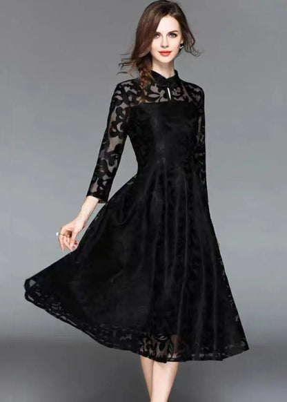 Black Embroideried Lace Dress Stand Collar Fall