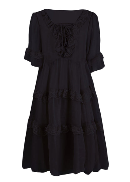 Black Ruffled Patchwork Chiffon Dress Summer