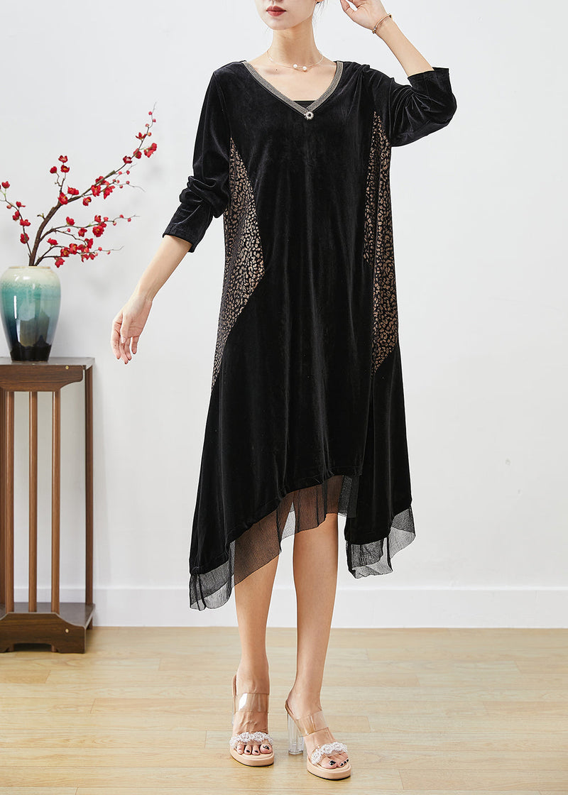 Black Oversized Patchwork Silk Velour Maxi Dresses Fall