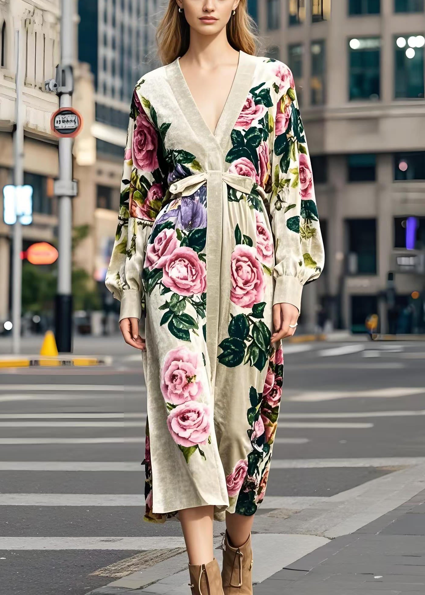 Apricot V Neck Print Silk Velour Dress Spring