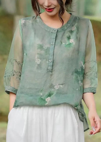 Orange Embroideried Patchwork Print Linen Shirt Top Half Sleeve