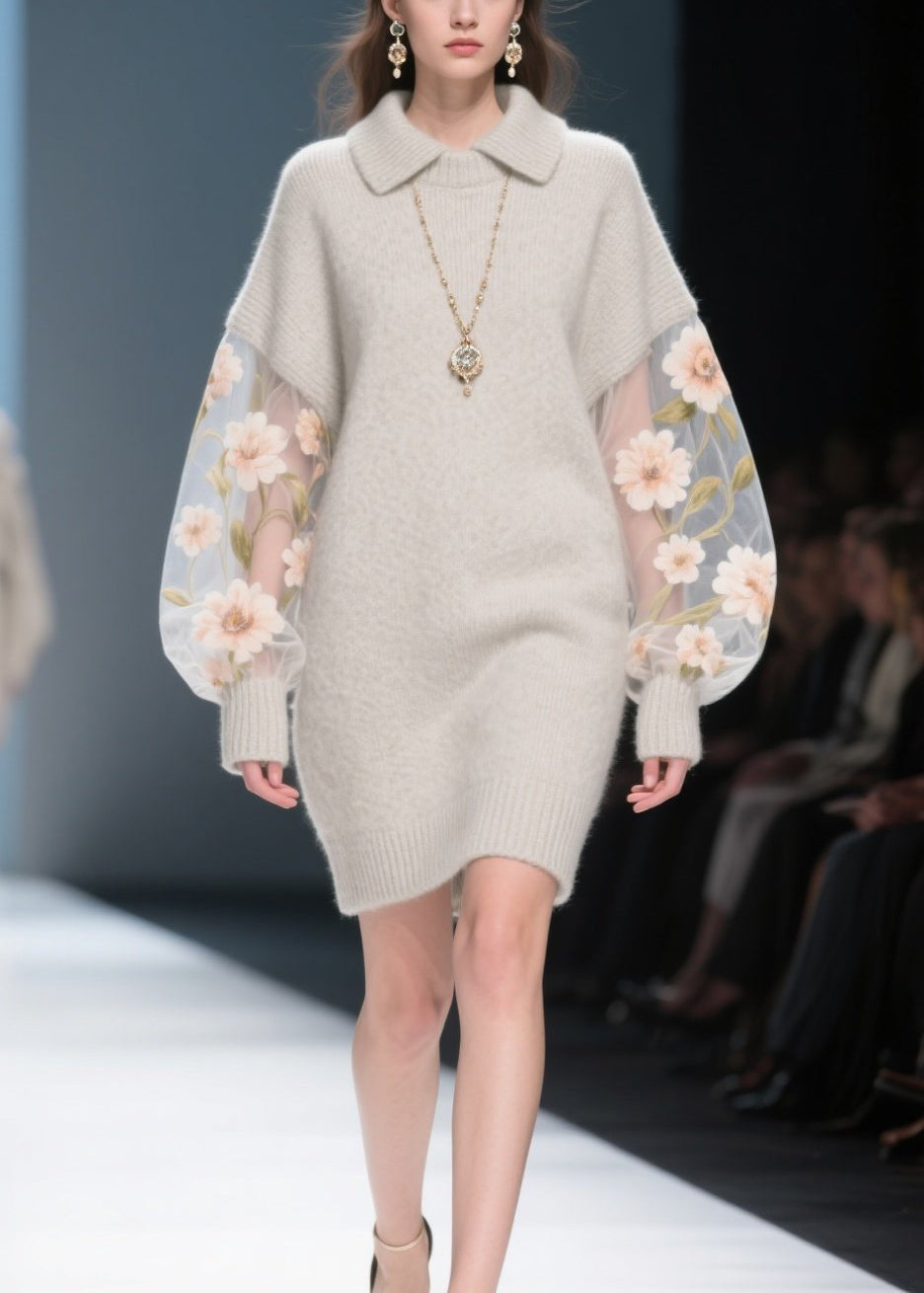 Grey Tulle Patchwork Knit Sweater Dress Winter