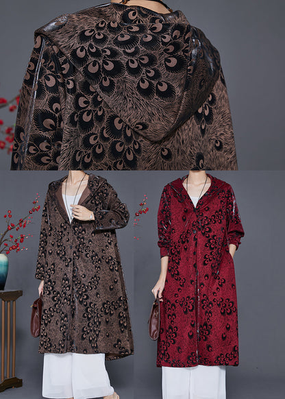 Brown Hooded Print Spandex Coat Outwear Spring