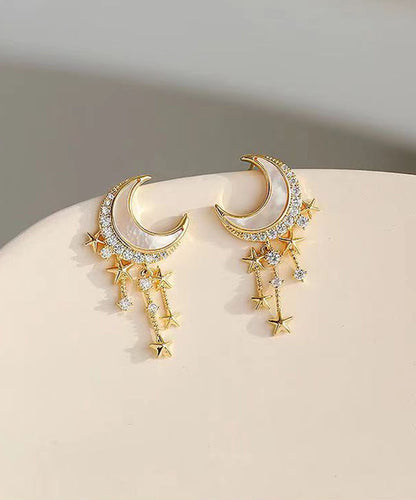 Gold Sterling Silver Overgild Zircon Moon Star Drop Earrings