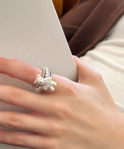 Diy White Stainless Steel Zircon Layered Little Bear Rings