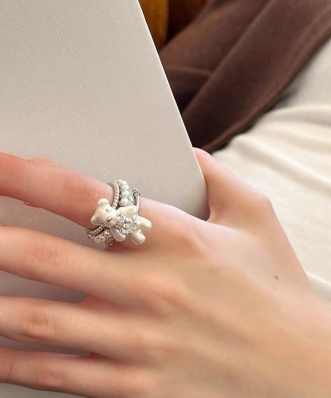 Diy White Stainless Steel Zircon Layered Little Bear Rings