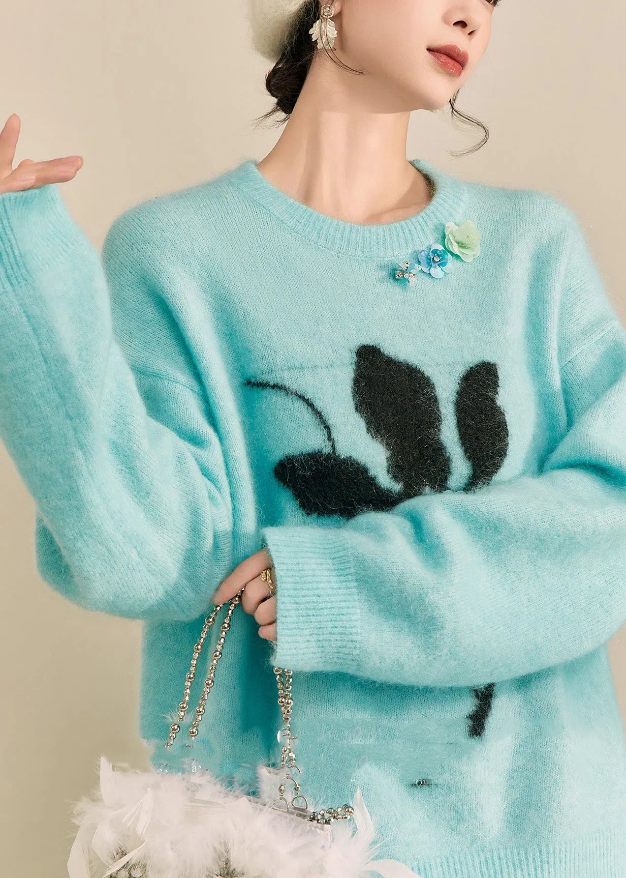 Blue Print Patchwork Thick Cotton Knit Sweater Long Sleeve Fall