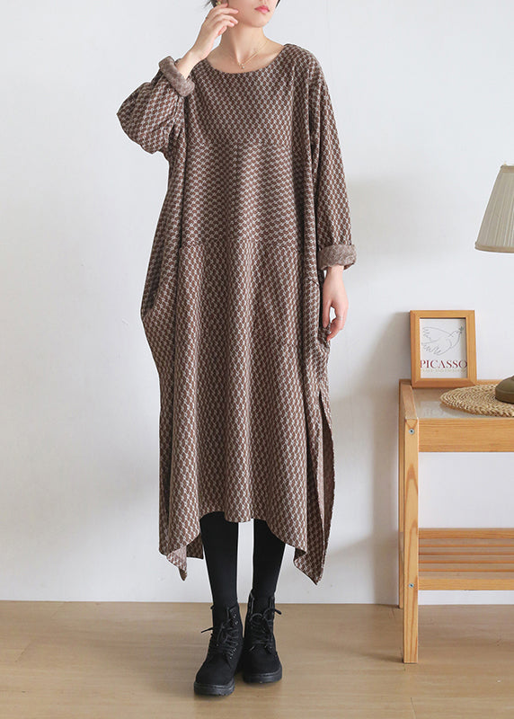 Loose Chocolate Colour O-neck Print Side Open Knit Cotton Maxi Dress Long Sleeve