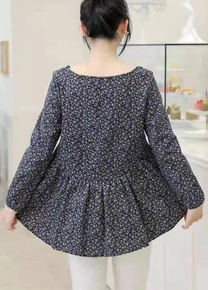 Retro Navy O-neck Print Loose Cotton Top Long Sleeve