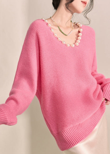 Brief Pink Thick Cotton Knit Sweater V Neck Pearl Lantern Sleeve Fall