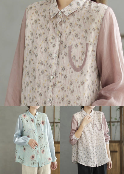 Blue Peter Pan Collar Print Linen Shirt Spring