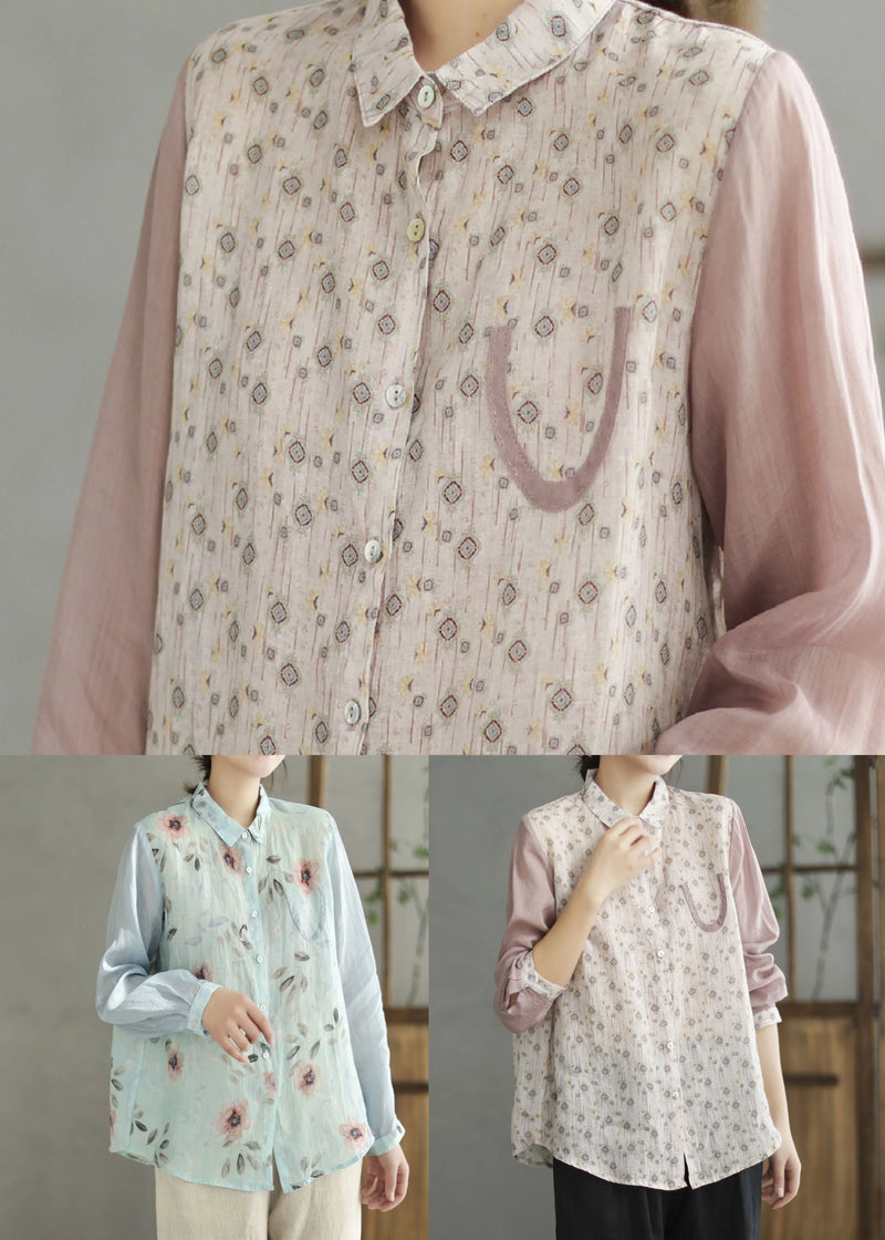 Blue Peter Pan Collar Print Linen Shirt Spring