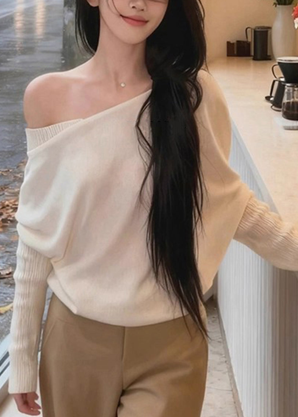 New White Asymmetrical Shoulder Knit Sweaters Batwing Sleeve