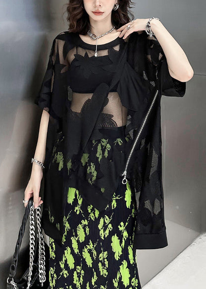 Black Asymmetrical Embroideried Patchwork Lace T Shirt Summer