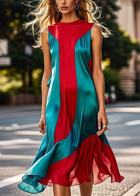 Diy Colorblock Silm Fit Patchwork Silk Long Dresses Sleeveless