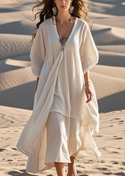 White Cotton Maxi Dresses Asymmetrical Bracelet Sleeve Summer