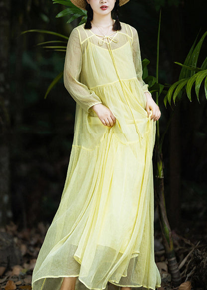 Yellow V Neck Patchwork Chiffon Vacation Long Dresses Spring
