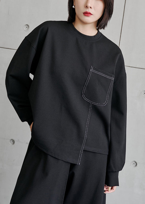 Black O-neck Asymmetrical Pockets Patchwork Top Long Sleeve