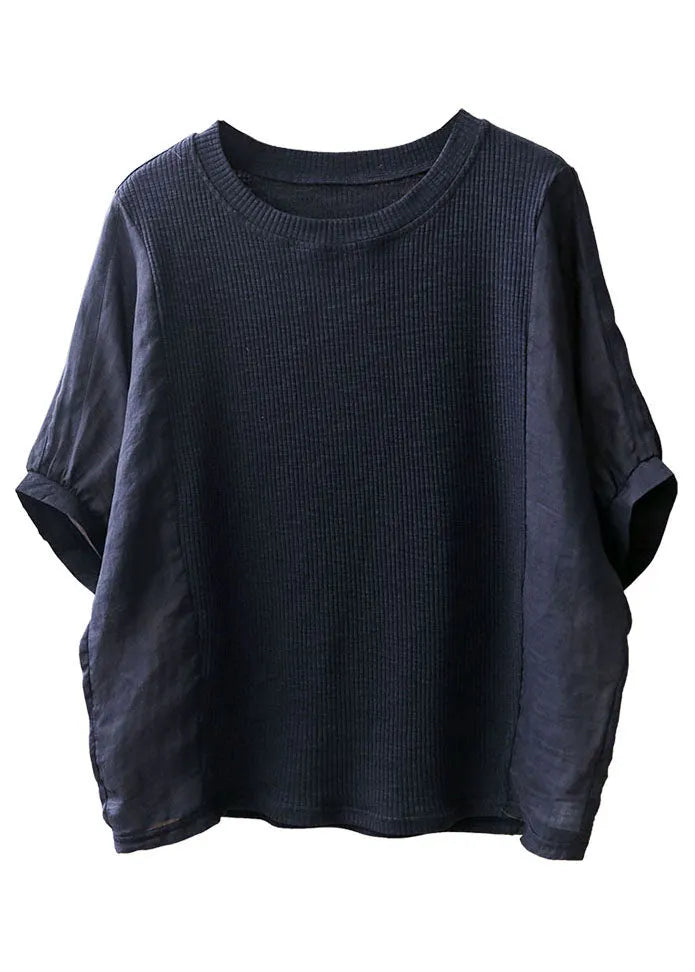 Navy Color O-neck Knit Patchwork Linen Shirt Short Sleeve