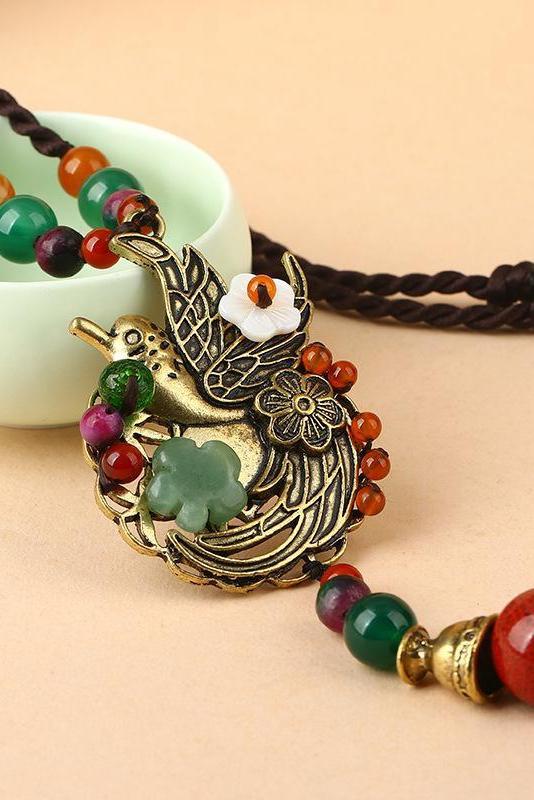 Alloy Bird Multicolor Agate Necklace