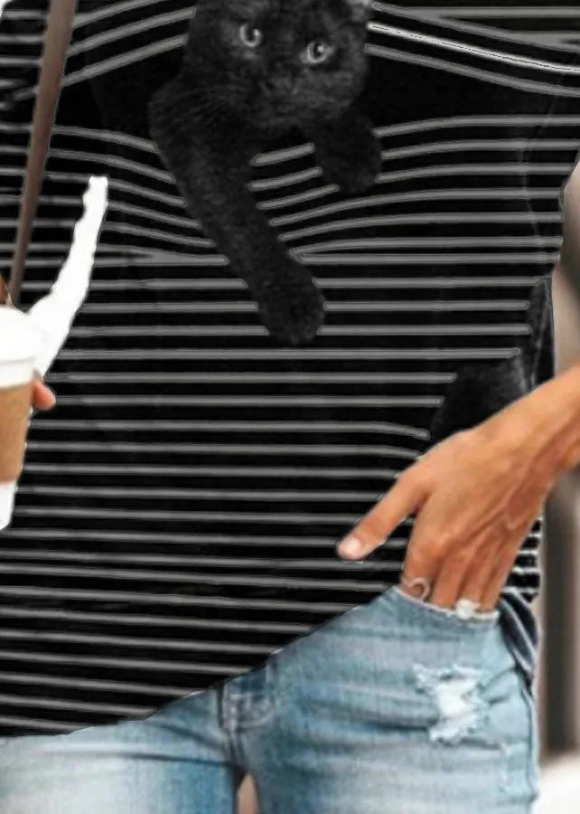Black Whiet Striped Cat Print O-neck Long Sleeve T-shirts