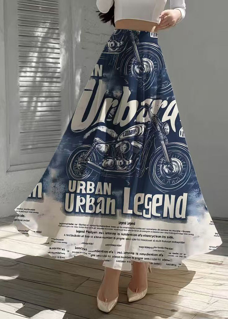 Denim Blue Letter Print Chiffon a Line Skirts Summer