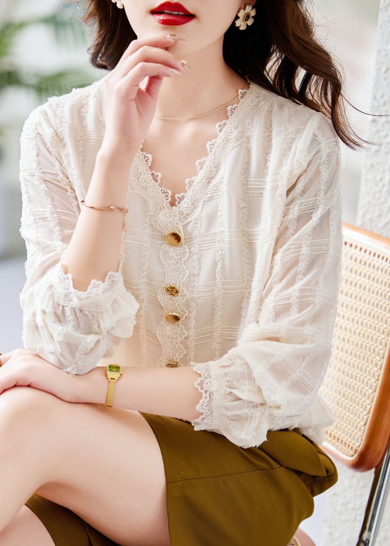 White V Neck Lace Patchwork Button Chiffon Shirt Fall