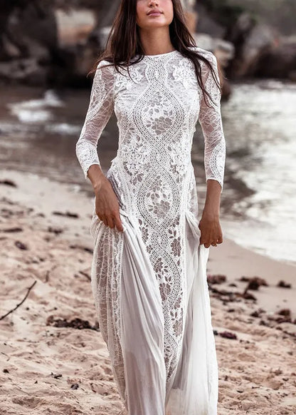 White Backless Hollow Out Lace Maxi Dresses Spring