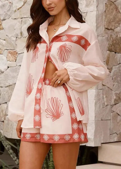 Pink Button Print Linen Shirt and Shorts Two Piece Set Spring