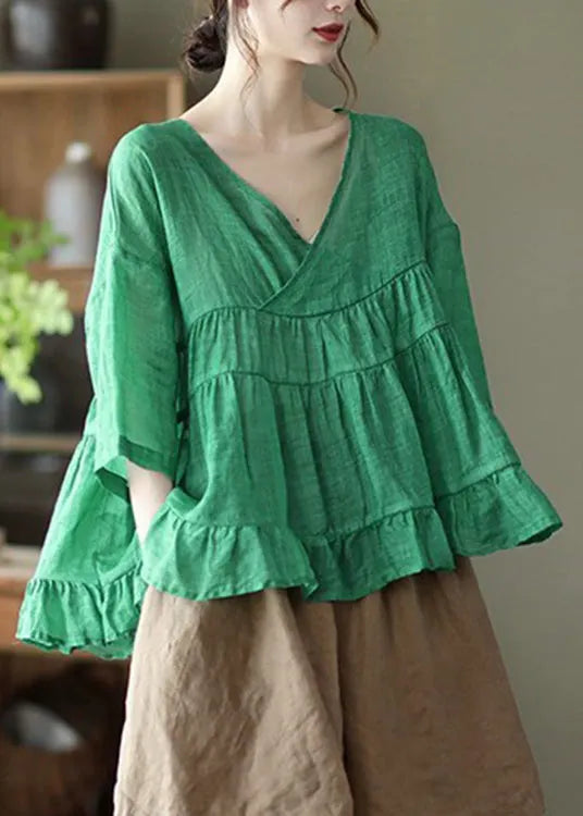 Green V Neck Patchwork Linen Tops Half Sleeve
