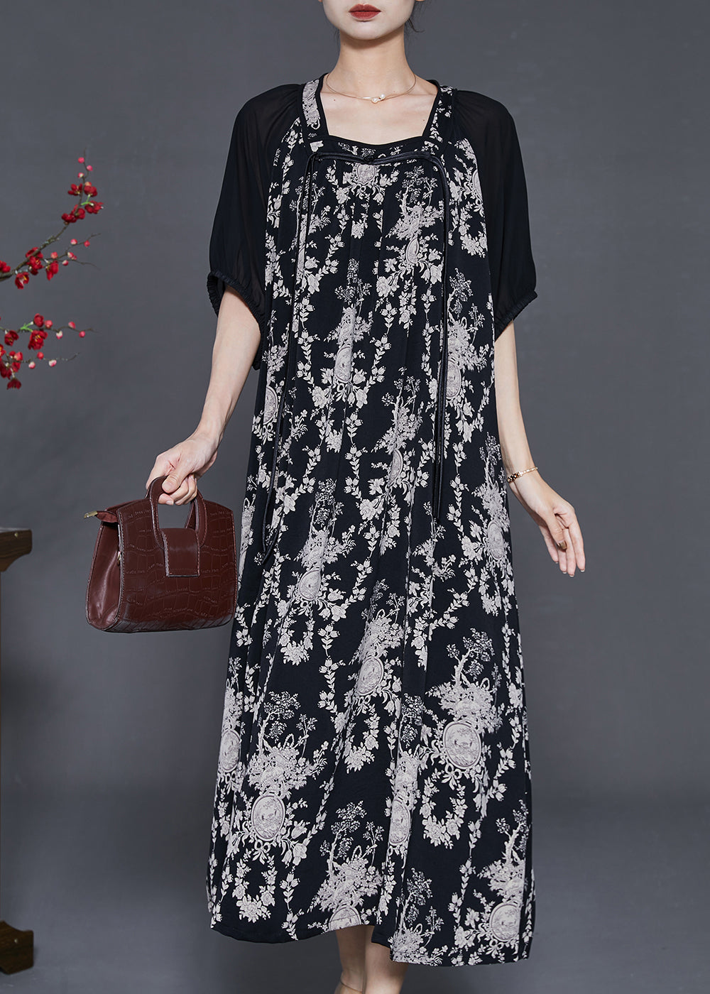 Black Tasseled Print Chiffon Holiday Dress Summer
