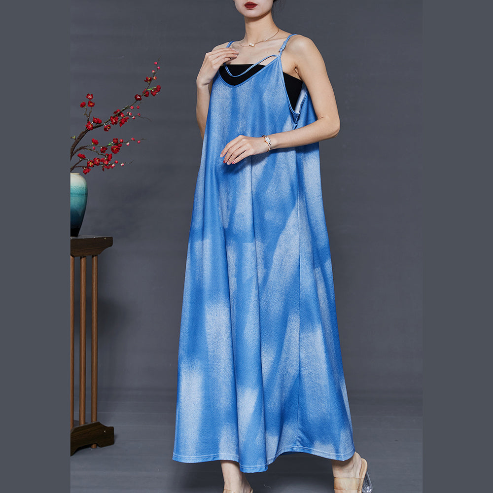 French Blue Tie Dye Cotton Spaghetti Strap Dress Summer