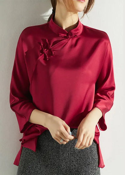 Fine Red Mandarin Collar Side Open Silk Shirt Three Quarter Sleeve
