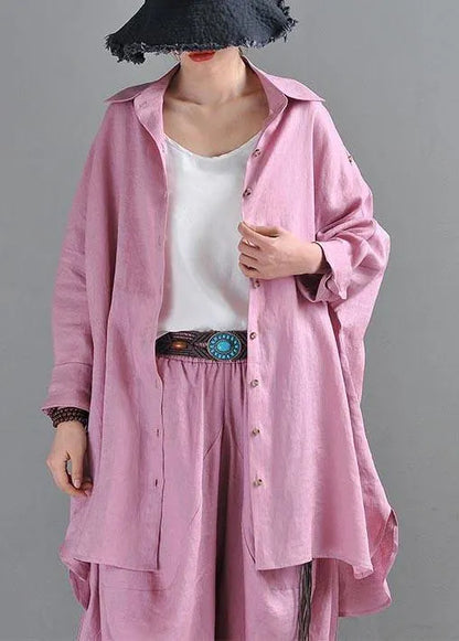 Fitted Pink Purple Side Open Cotton Linen Summer Blouse Top