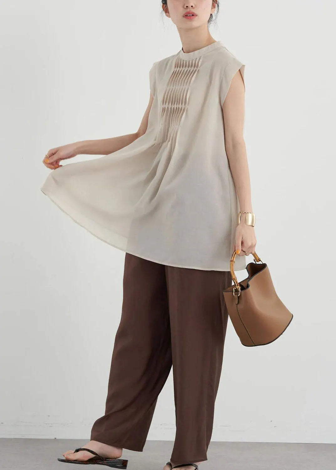 Apricot Slim Fit Pleated Cotton Long Shirt Sleeveless