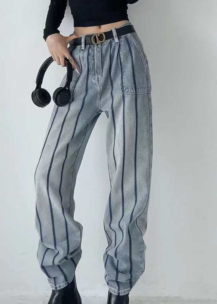 Blue High Waist Striped Patchwork Jeans Spring