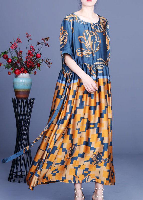 Navy Print Silk Tie Waist Mid Dress Summer