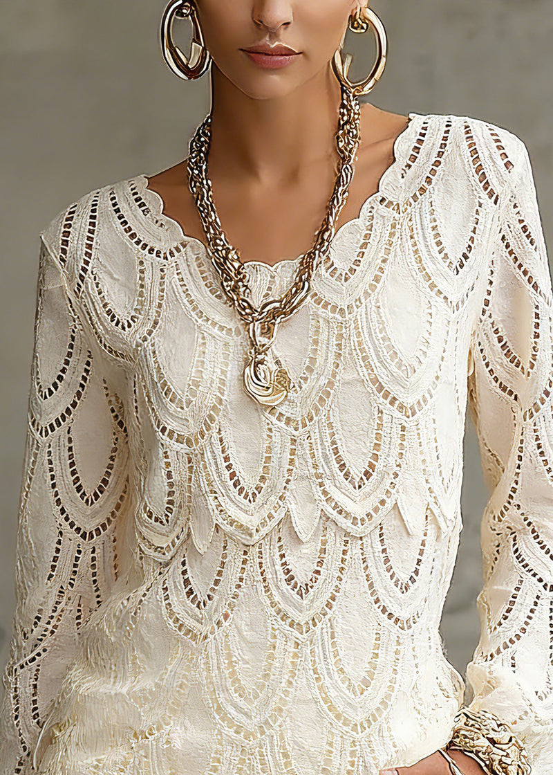 Novelty Beige Hollow Out Lace Tops Spring