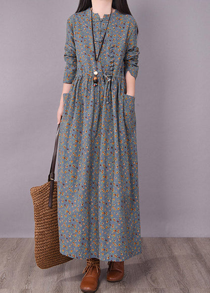Art O-neck Print Button Wrinkled Tie Waist Dresses Long Sleeve