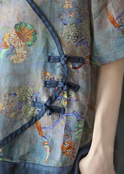 Simple Purple Print Ramie Oriental Summer Tops