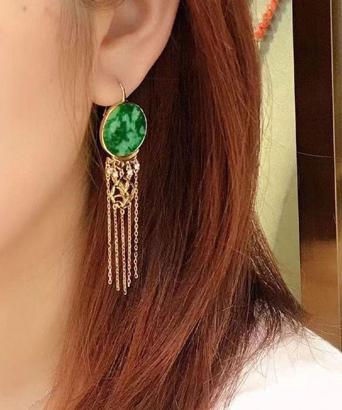 Green Sterling Silver Tie Dye Round Tassel Jadeite Drop Earrings