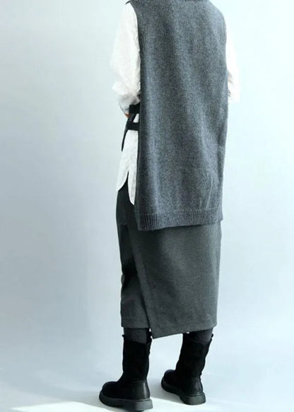 Dark Gray O-neck Side Open Low High Design Fall Knit Vest