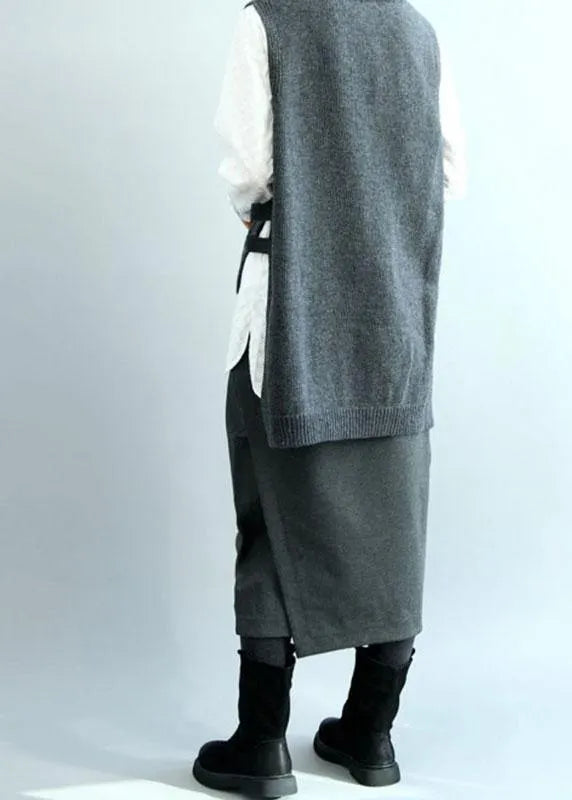 Dark Gray O-neck Side Open Low High Design Fall Knit Vest