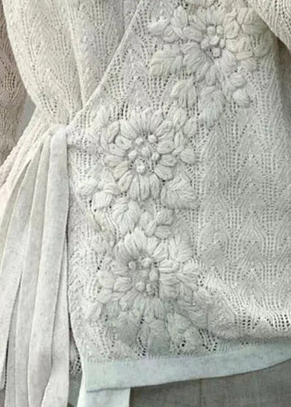 White Lace Up Hollow Out Patchwork Knit Top Fall