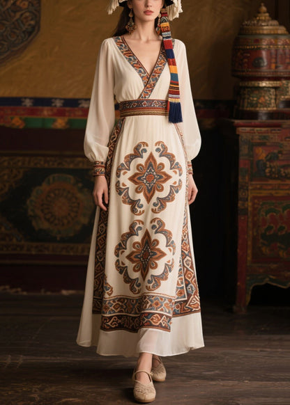White V Neck Print Chiffon Tunic Dresses Fall