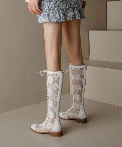 White Hollow Out Lace Up Chunky Boots
