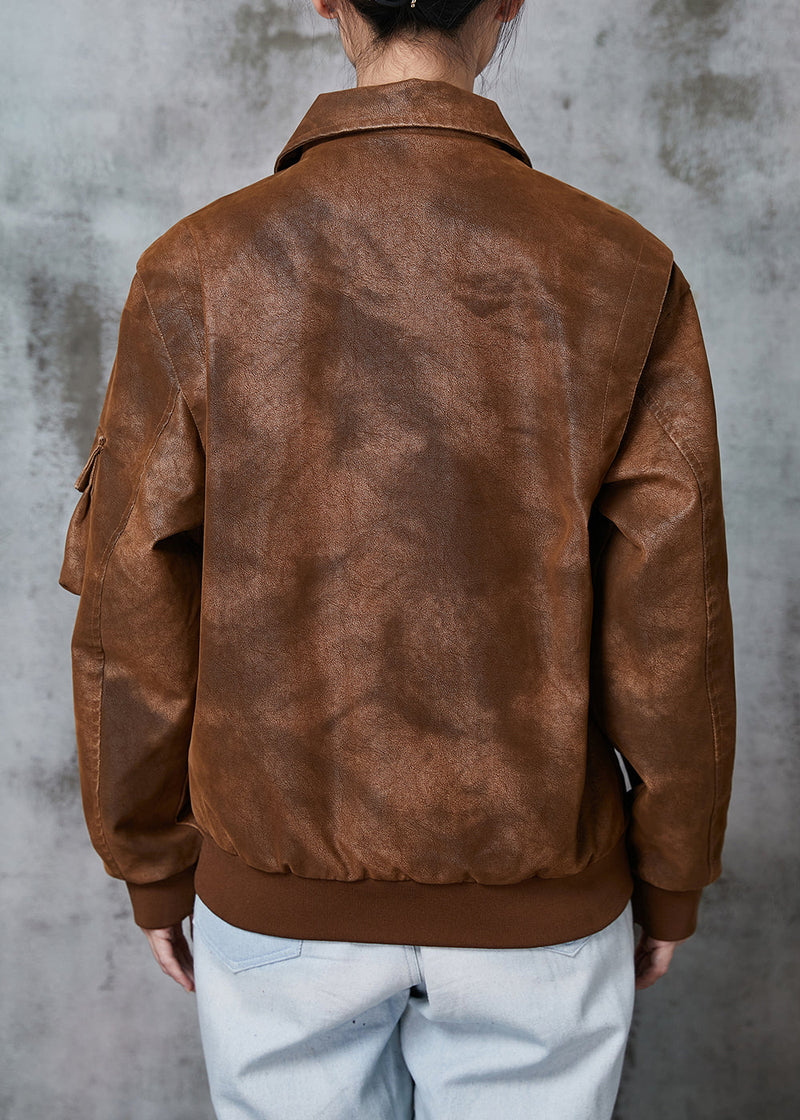 Diy Brown Oversized Pockets Faux Leather Coats Spring