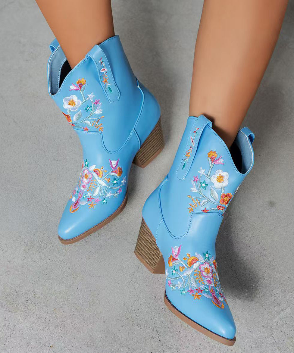 Stylish Blue Chunky Faux Leather Ankle Boots Embossed
